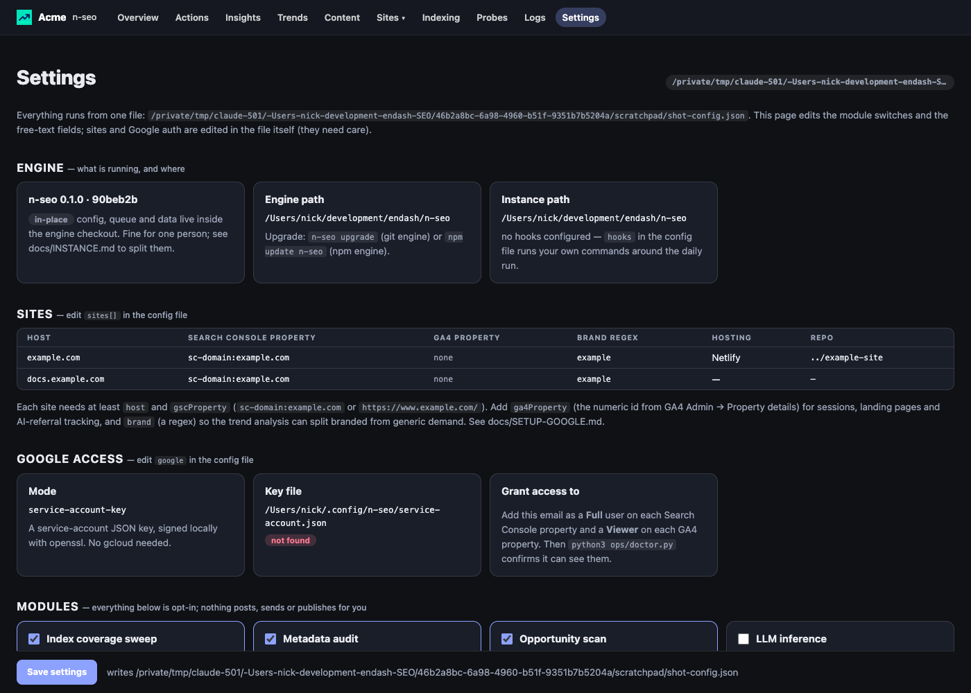 Settings: sites, Google access, and one card per opt-in module with its own fields